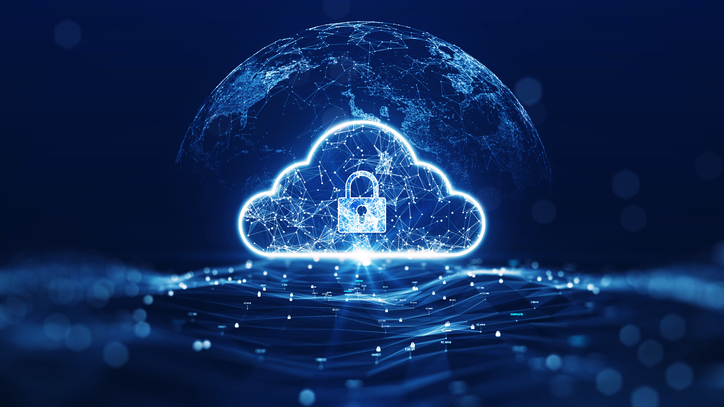 Cybersecurity depicted by cloud and safelock